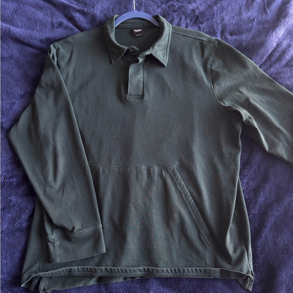 Fielder Bonobos Green Long Sleeve Collared Rugby Polo Shirt Kangaroo Pocket | L